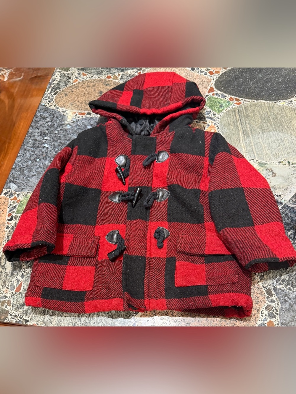 Kids Red & Black Buffalo Plaid Hooded Toggle Coat 12-18months